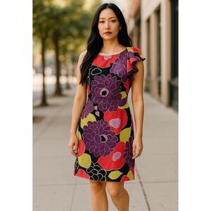 Anthropologie Leifsdottir Silk Cocktail Dress Bold Floral‎ Sheath Purple 6 Small